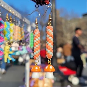 Teal Orange Spirals w Mushroom Charms - Handmade Lanyard / Scoobidou Earrings